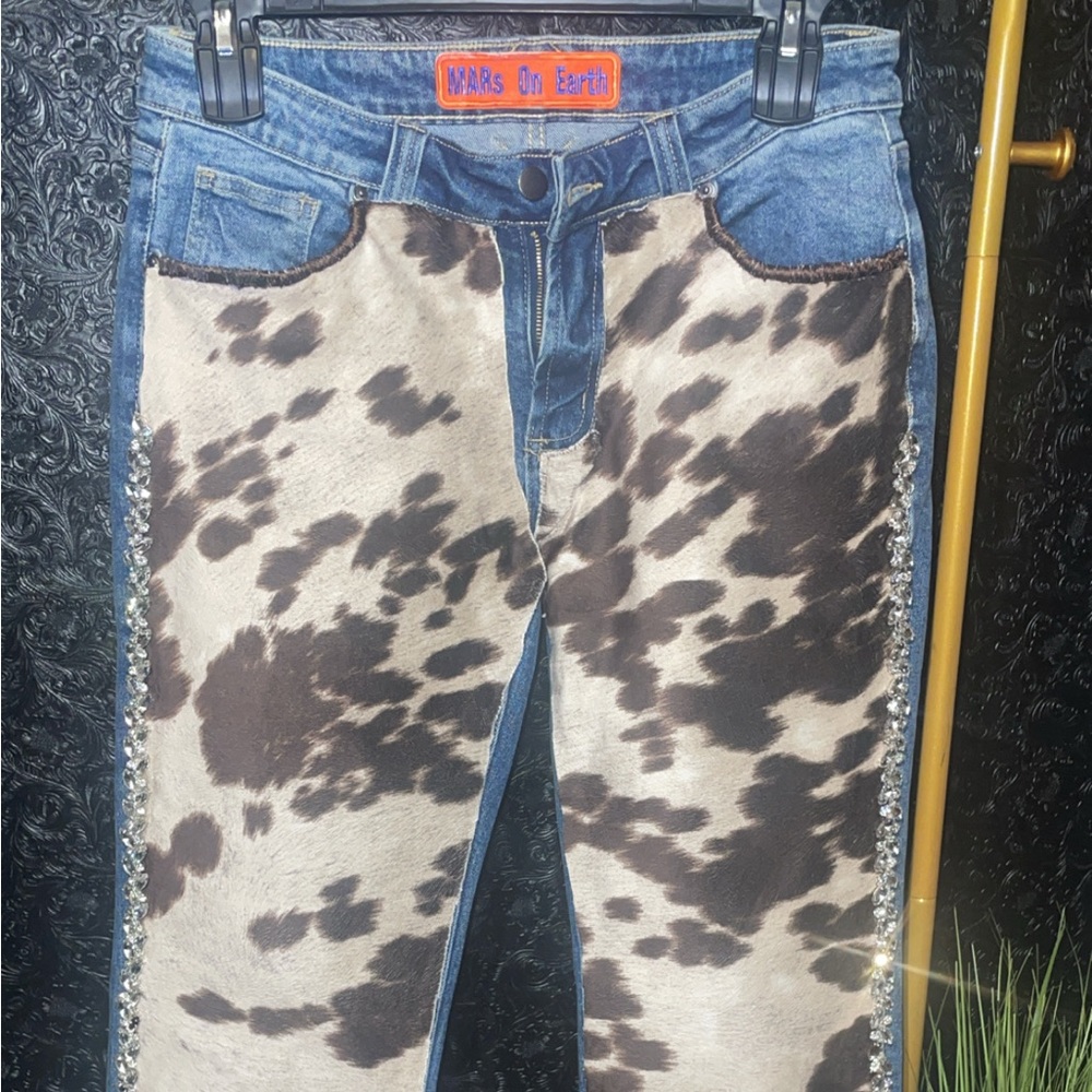 Cow Print Jeans with Rhinestone Trim